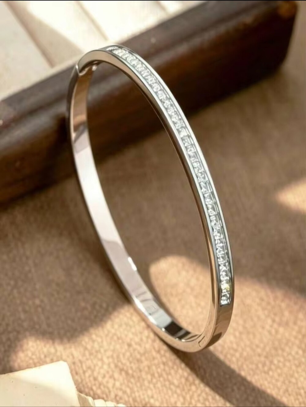 Triple Silver-Tone Women's Bangle Bracelet Set with White Crystal Accents - Picture 3 of 5